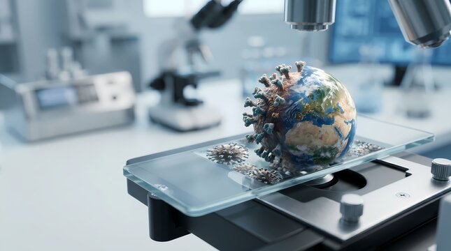 Global health microscope concept with virus on earth model in laboratory setting for science and research
