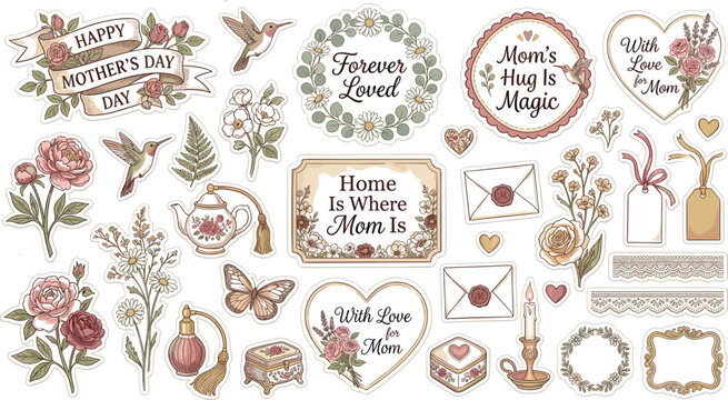 Happy Mothers Day vintage sticker set featuring elegant floral bouquets hummingbirds hearts envelopes and sentimental holiday greeting labels vector graphics.