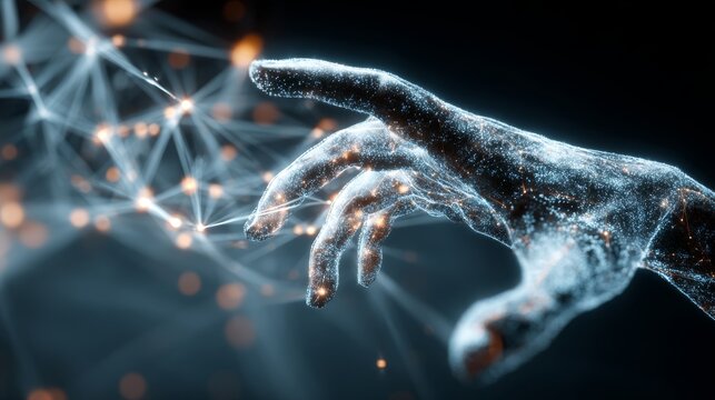 3D-rendered human hand with glowing digital skin reaching toward a web of illuminated lines and nodes, symbolizing tech connection and futuristic interface