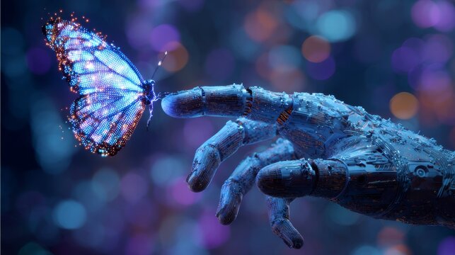 Hyper-realistic digital hand wearing futuristic biosensor glove reaching toward glowing butterfly made of pixel fragments in a metaverse space