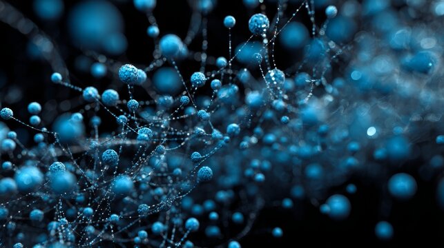 Network of tiny glowing spheres suspended in air, aligned into flexible mesh structures, shimmering with reflective surfaces and blue hue