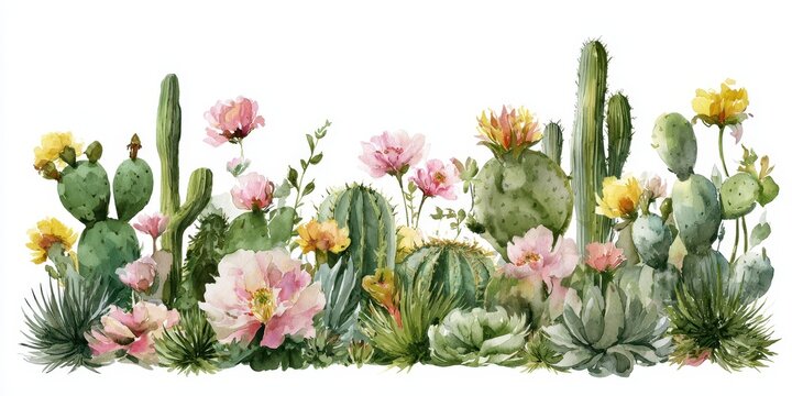 Watercolor desert cactus and succulent garden with vibrant flowers, isolated on white background