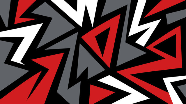 Abstract geometric mosaic of jagged triangles in red, black, gray, and white.