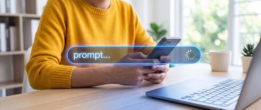 Person using a smartphone to enter an ai text prompt in a bright home office while working on a laptop computer with a digital loading bar overlay interface