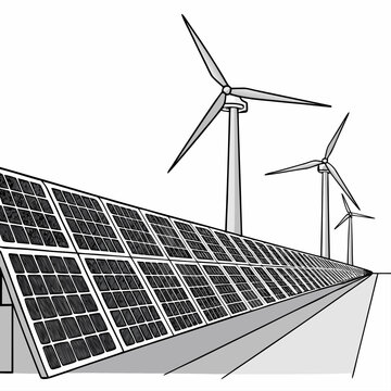 Black and white line of a large solar panel array and multiple wind turbines in a row, representing renewable energy systems