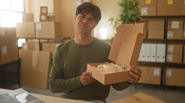 Man holding parcel box and presenting a mug with both hands in a storage building, smiling while inspecting the package; small business pride.