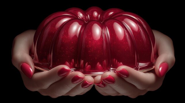 Close-up of pair of hands holding shiny red gelatin dessert with reflection on black background showcasing smooth texture