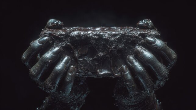 Dark artistic hands holding a textured rough stone covered in black metallic paint with dramatic moody lighting