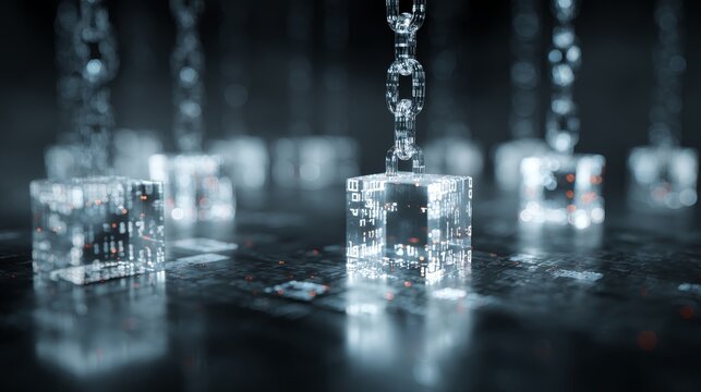 Transparent glowing cubes floating in cyberspace, connected by luminous chains, and surrounded by binary numbers representing ledger entries