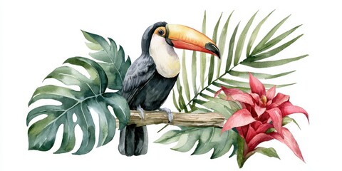 Fototapeta premium Watercolor toucan bird sitting on a branch with tropical leaves and red bromeliad flower, isolated on white background