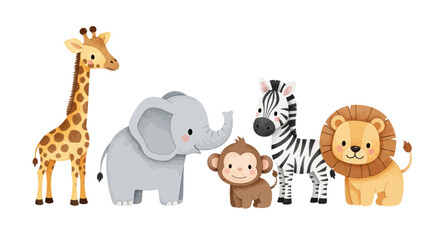 Cute safari animal set with giraffe elephant monkey zebra and lion © doung