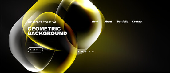 Naklejka premium Abstract yellow design. Geometric shapes overlap, creating dynamic visual effect. Text includes geometric background, read more. Navigation options present.