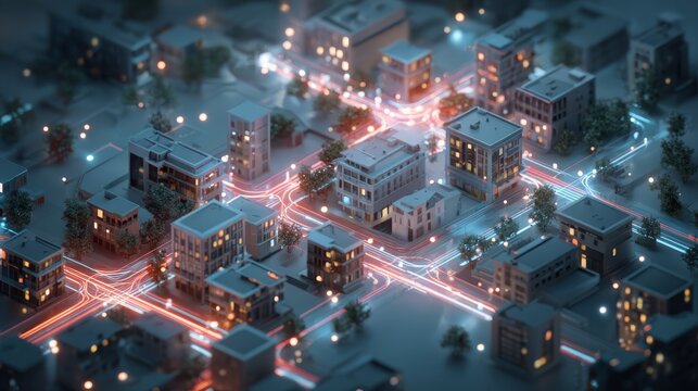 Technology-themed isometric cityscape with glowing outlines and digital grid overlays, floating data lines connecting buildings in a smart network