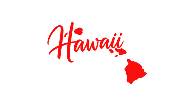 Hawaii script text with island map silhouettes in red