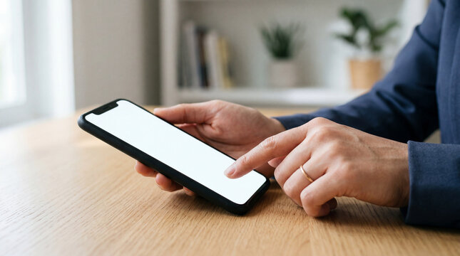 Hand holding smartphone with blank screen on wooden desk in modern office for mobile app interface mockup design