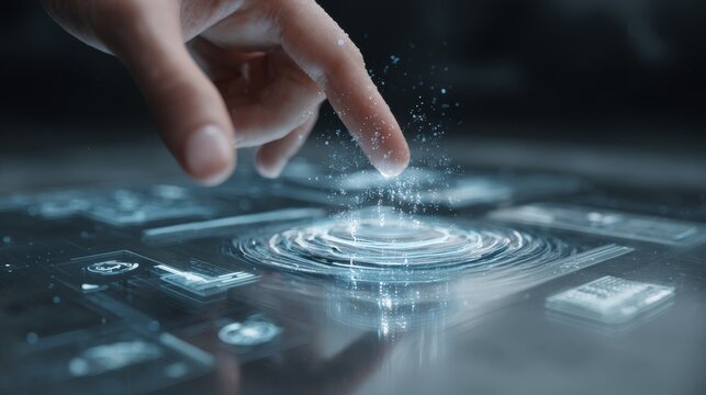 Human fingertip touching a floating translucent screen with ripple light effect, activating a holographic interface with icons and layered data elements