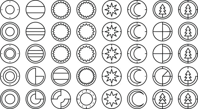 Geometric Weather Map and Navigation Icon Set Featuring Circular Signs with Pine Trees, Crescent Moons, Sun, Stars, and Dial Symbols for Graphic Layouts