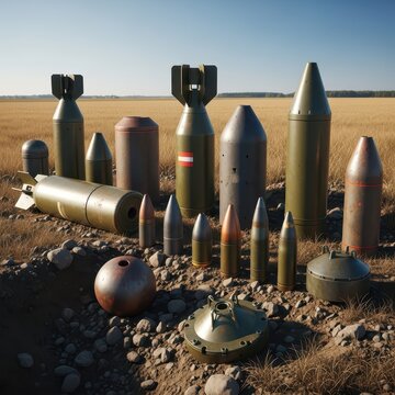 Collection of Unexploded Ordnance and Artillery Shells on Field
