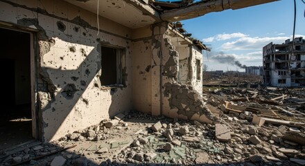 Fototapeta premium Crumbling Concrete Walls of a Ruined Building Under a Blue Sky