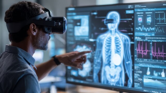 Mixed reality simulation scene with a user connected to a learning platform via VR headset, showcasing digital overlays, graphs, and AI-generated avatars