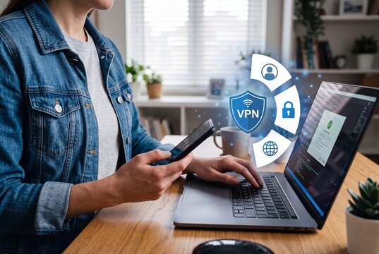 Woman using smartphone and laptop with vpn security interface for secure online browsing and data privacy protection concept in a bright modern home office