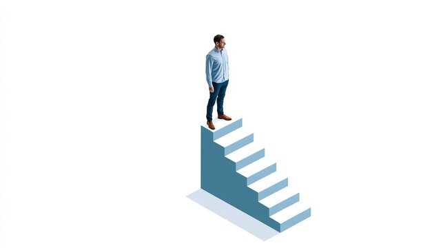 High angle full shot graphic of male in light blue shirt dark trousers brown shoes standing on top of five-tier light blue white block staircase, figure gazing right, solid white plain backdrop