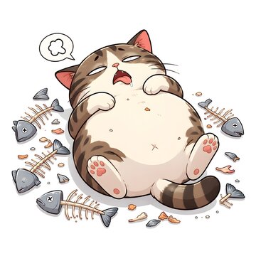 Cute modern digital illustration of a gluttonous fat cat lying on its back after overeating, surrounded by scattered fish bones