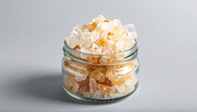 Crystal rock candy shards fill a glass jar, catching the light