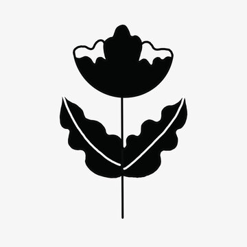 Simple black silhouette of a flower with two leaves on a stem.