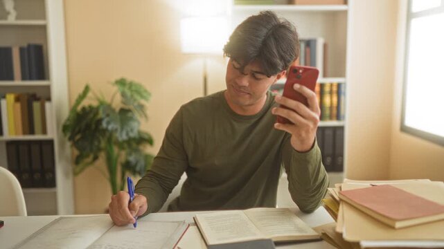 Man holding smartphone and writing in notebook amid books and papers inside a study building; concentration learning focus.