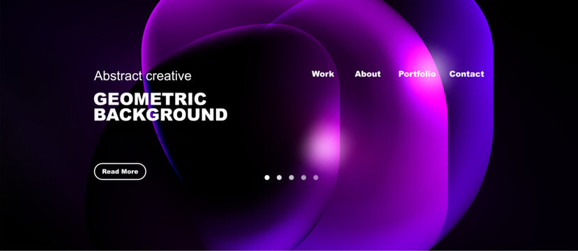Dark background features vibrant purple abstract shapes. Website navigation includes work, about, portfolio, contact options. Read more button present.