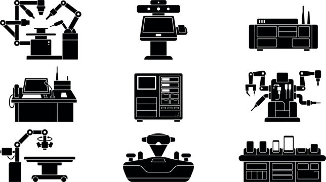  connected health module,  medical data terminal, remote treatment hub, digital examination unit, vector silhouettes icon symble pack