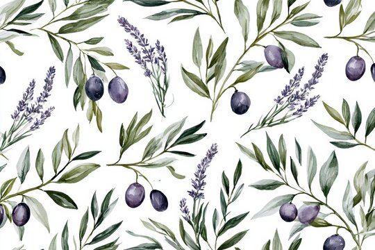 Watercolor olive branch and lavender seamless pattern isolated on white background elegant botanical background with green leaves, purple olives and lavender flowers