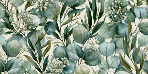 Seamless pattern with eucalyptus leaves and white flowers, watercolor botanical illustration on cream background