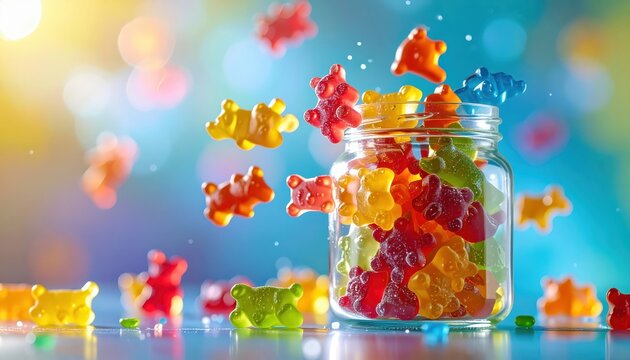 Colorful gummy bears tumbling from a clear glass jar in a playful assortment