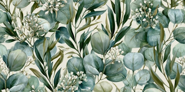 Seamless pattern with eucalyptus leaves and white flowers, watercolor botanical illustration on cream background