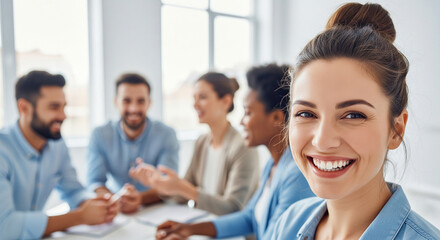 Fototapeta premium Diverse business team in a meeting with a smiling woman in the foreground, showing a positive and engaging corporate environment