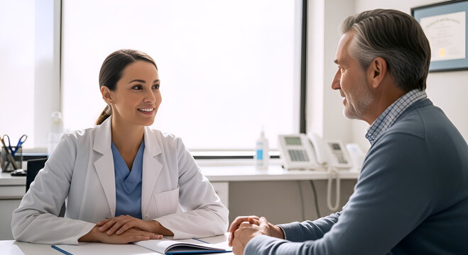 Smiling female doctor talking and listening to male patient in clinical consultation office