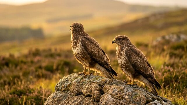 two common buzzard on rock in scottish highlands golden light close up video