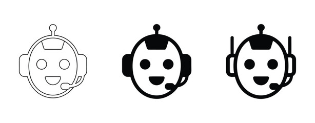 Fototapeta premium AI Assistant Icons featuring smiling robot heads with headphones, antenna, varying outline thickness, chatbot support, virtual assistant technology, customer service, and vector illustration.