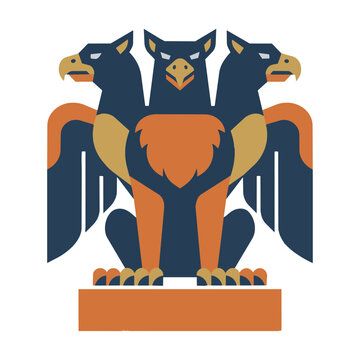 Minimalist symmetric emblem of a triple-headed griffin standing on a rectangular plinth with clean geometric shapes and flat colors on a white background