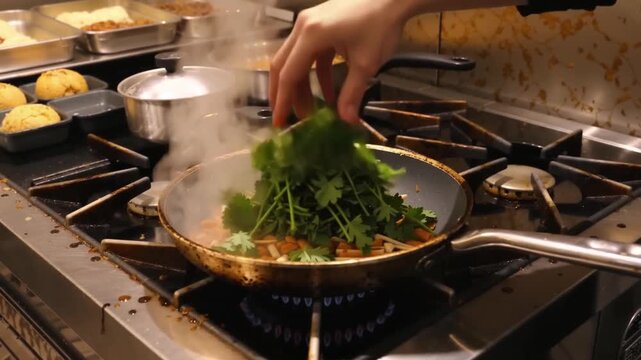Cooking herbs and ingredients in a professional kitchen