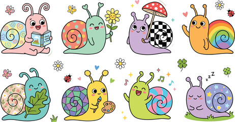Cute cartoon snail character sticker set featuring kawaii snails reading books painting holding flowers under mushroom umbrella and sleeping doodle illustrations. © MST