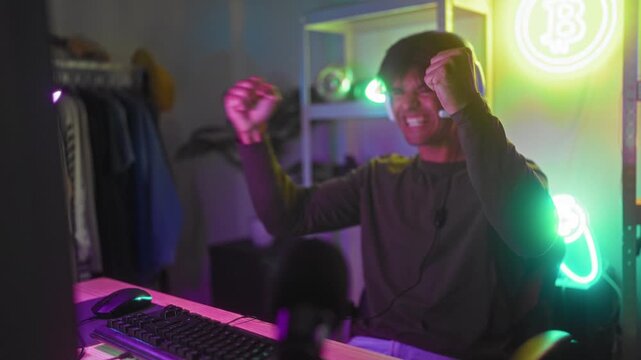 Young man wearing headset pumps fists at computer desk with keyboard and microphone visible in studio; gaming triumph.