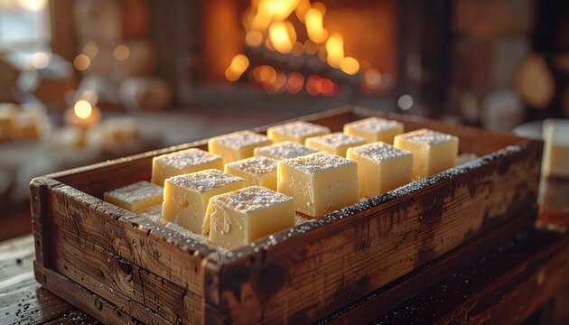 Creamy Fudge Cubes Dusted with Powdered Sugar in a Rustic Wooden Box Near a Fireplace