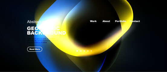Naklejka premium Abstract geometric background features vibrant blue, yellow gradients. Website header includes navigation options, text, dots. Modern design.