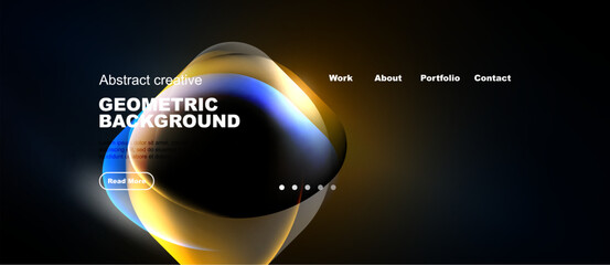 Naklejka premium Abstract website header design. Geometric shapes, vibrant colors, text overlay, navigation menu present. Modern, stylish presentation.