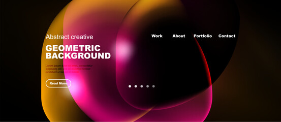 Naklejka premium Abstract design features vibrant colorful shapes, text overlays, navigation menu. Dark background enhances visual impact. Modern aesthetic.