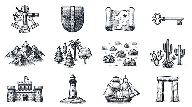 Vintage Explorer Icons A Collection of Monochrome Vector Graphics for Maps, Travel, and Adventure Themes