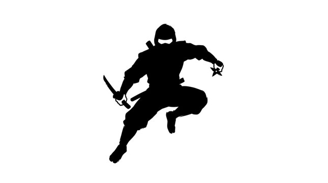 Ninja Silhouette In Action Pose Against White Background
